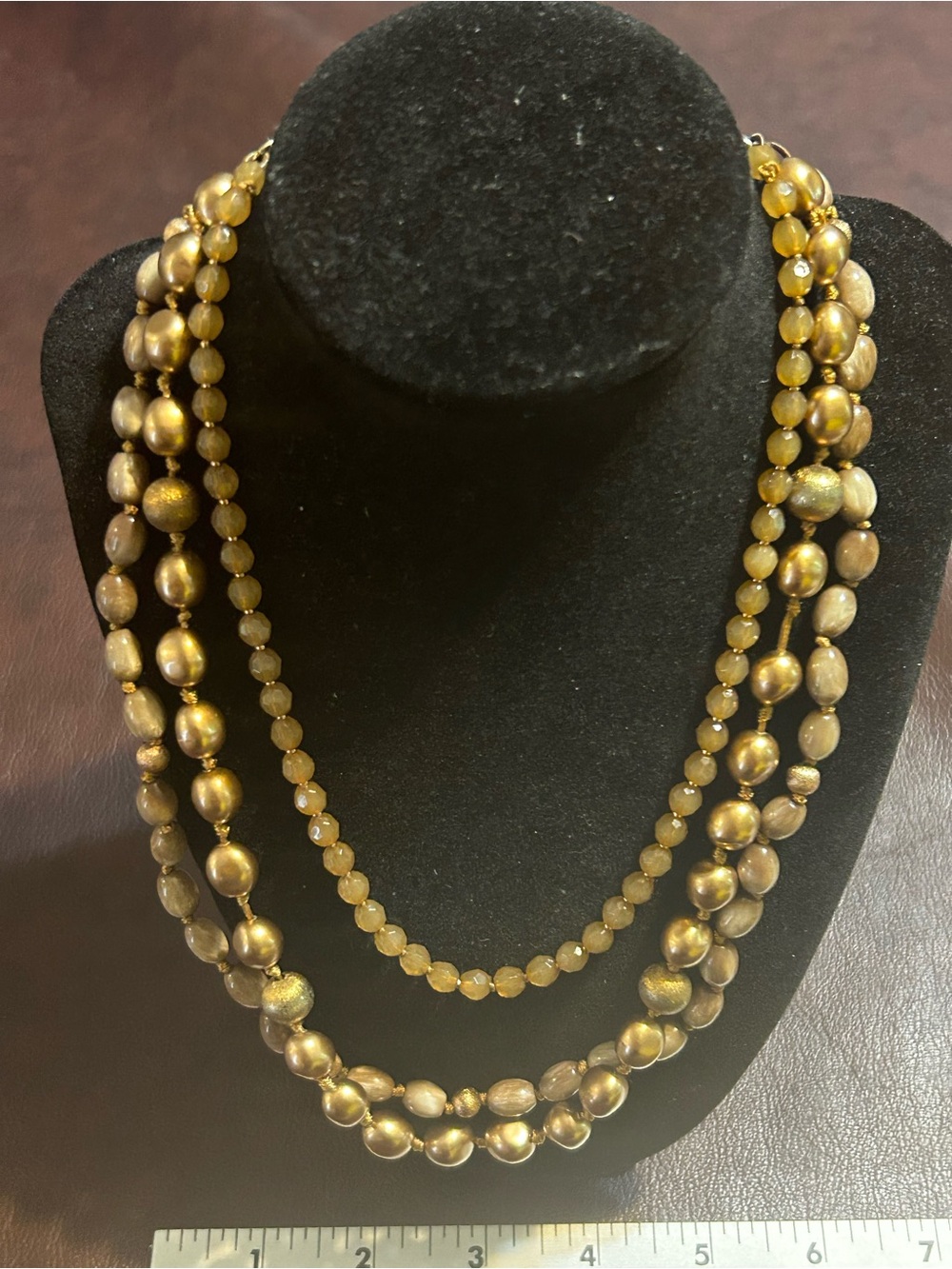 Vintage Monet Triple-Strand Gold Beaded Necklace for Women